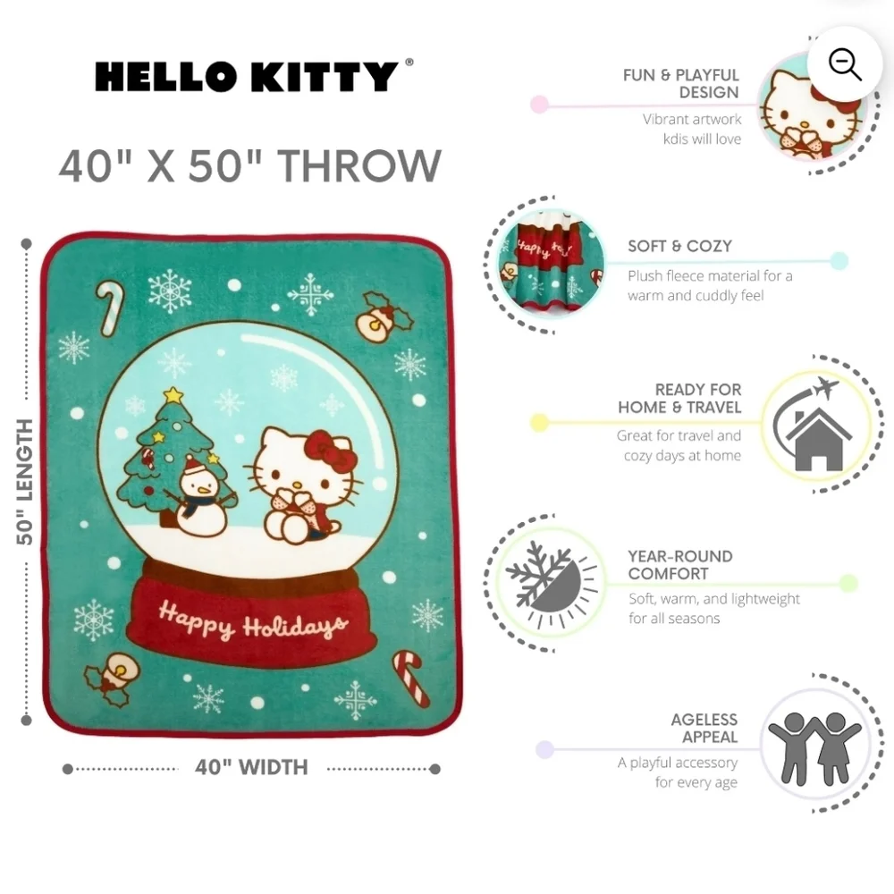 Sanrio Hello Kitty Holiday Christmas Snowglobe Silky Soft Throw Blanket 40 x 50